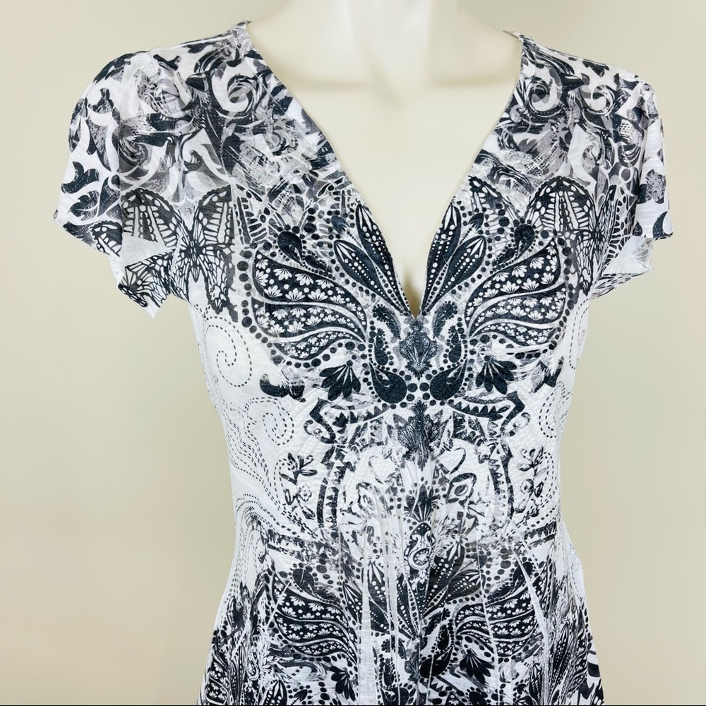 APT 9 blouse MODERN Striking FLORAL V NECK silky sheen LONGER LENTGH feminine - Picture 2 of 12